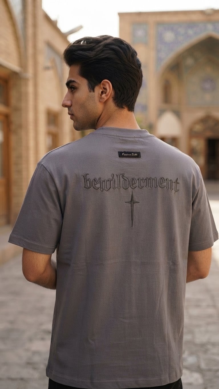 تیشرت اورسایز مردانه  گلدوزی شده طرح Bewilderment - رنگ خاکستری