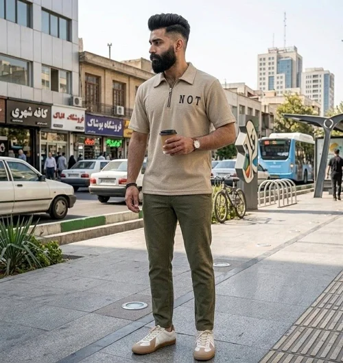 تیشرت مردانه نیم زیپ مراکشی طوسی
