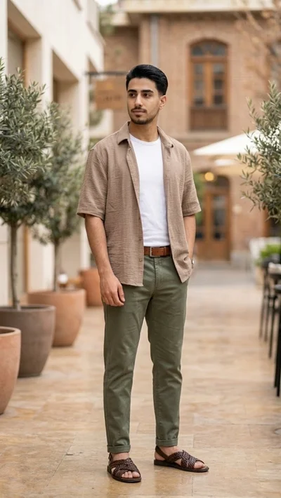پیراهن مردانه  لینن باکسی خاکی آستین کوتاه
